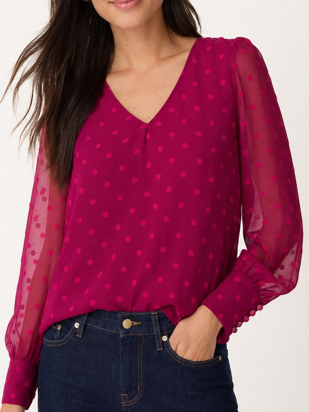 J.Crew XXS Fuchsia Swiss Dot Sheer Sleeve Blouse Pink V Neck Top